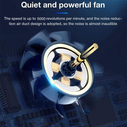 Essential Phone Cooler for Gaming and Streaming Sessions showing quiet powerful fan and 5000 RPM active cooling design