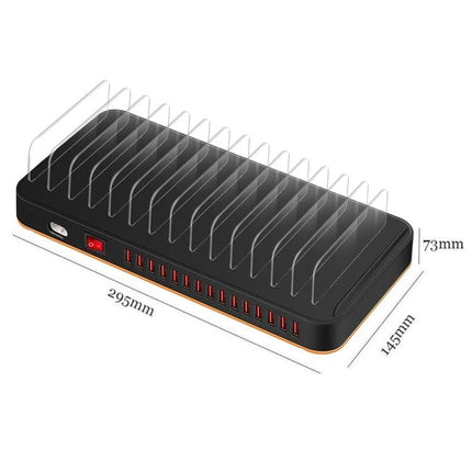 Multi-Device USB Charging Station for Daily Home Essentials - compact black station with multiple USB ports and device dividers, 295x145x73mm