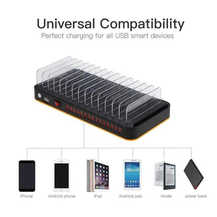 Multi-Device USB Charging Station for Daily Home Essentials, black multi-port charger with device slots charging phones, tablets, e-reader and power bank
