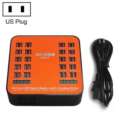 USB Charging Station for Daily Use in Home and Office - 40-port orange USB charging hub with US plug and power cord
