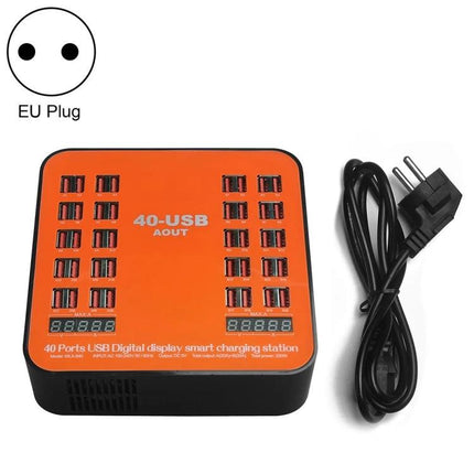 Practical USB Station for Daily Home Device Charging - orange 40-port USB charging hub with EU plug for phone, tablet, earbuds, digital display