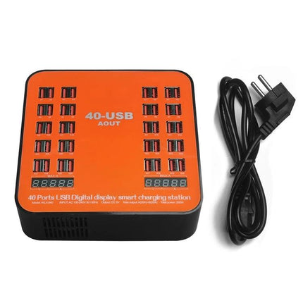 Practical USB Station for Daily Home Device Charging with 40-port orange multi-USB charger on counter, cable included
