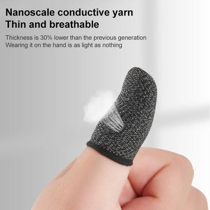 Comfortable Finger Covers for Everyday Touchscreen Tasks - gray conductive carbon fiber thumb sleeve shown on thumb, thin breathable nanoscale yarn