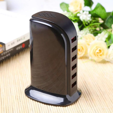 Efficient Multi-Port USB Charger for Daily Device Needs - black vertical 5-port desktop charger powering phone tablet earbuds