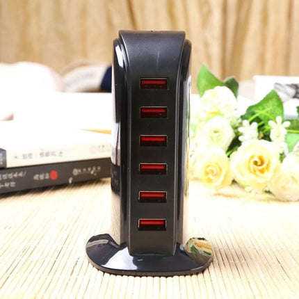 Efficient Multi-Port USB Charger for Daily Device Needs black 5-port desktop charger with red USB slots charging phone and earbuds