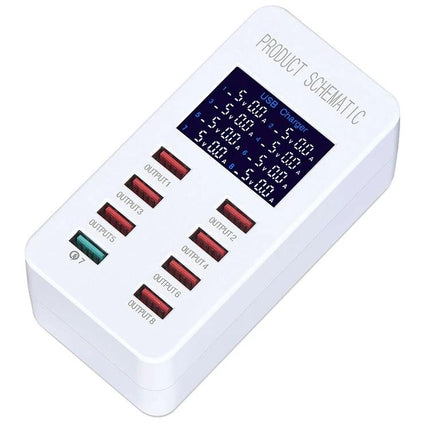 A8 USB Charging Station for Daily Home Device Needs showing eight-port white charger with LCD status screen