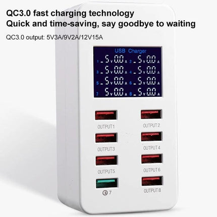 A8 USB Charging Station for Daily Home Device Needs white 8-port USB charger with digital display and QC3.0 fast charging ports
