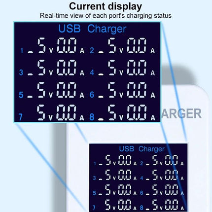 A8 USB Charging Station for Daily Home Device Needs showing LED display of eight-port real-time voltage and current readings