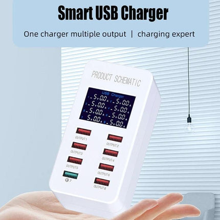 A8 USB Charging Station for Daily Home Device Needs white 8‑port smart USB charger showing LCD current readout in hand