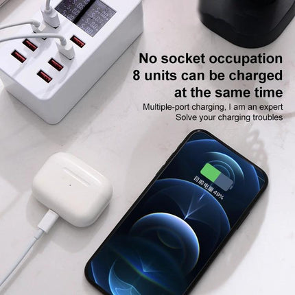 A8 USB Charging Station for Daily Home Device Needs - 8-port USB charger powering smartphone and earbuds on countertop