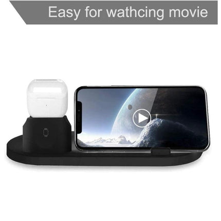 Compact Home Charger for Daily Device Powering and Use shown charging phone, earbuds and smartwatch on a sleek 6-in-1 wireless stand on a desk or nightstand