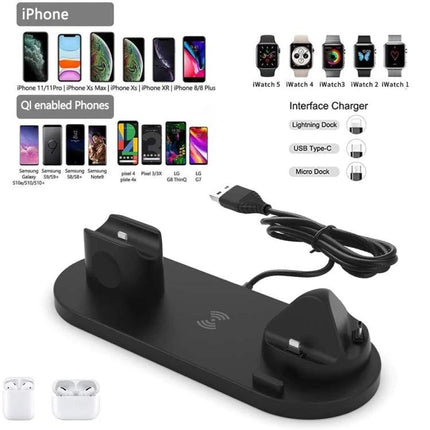 Compact Home Charger for Daily Device Powering and Use on a nightstand charging phone, smartwatch and earbuds with 6-in-1 wireless stand