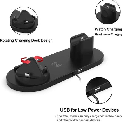 Compact Home Charger for Daily Device Powering and Use - 6-in-1 wireless stand charging phone smartwatch earbuds on nightstand or desk
