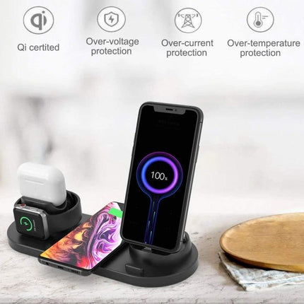 Compact Home Charger for Daily Device Powering and Use on nightstand charging phone, smartwatch and earbuds 6-in-1 wireless stand
