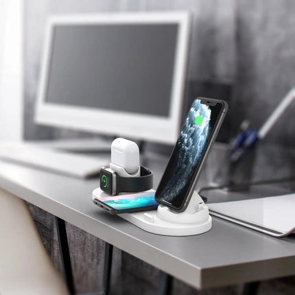 Compact Home Charger for Daily Device Powering and Use on a nightstand charging phone, smartwatch and earbuds, 6-in-1 wireless stand