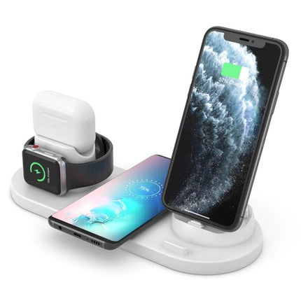 Compact Home Charger for Daily Device Powering and Use showing 6-in-1 wireless stand charging phone, smartwatch, and earbuds on a nightstand