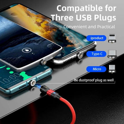 Magnetic Cable for Daily Device Charging on the Go showing magnetic tip connecting to phones with three USB plugs (iProduct, Type-C, Micro)