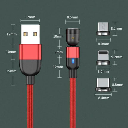 Magnetic Cable for Daily Device Charging on the Go red braided USB magnetic charging cable with measurements and three magnetic adapter tips