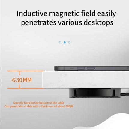 Under-Desk Charger for Daily Home and Office Workstations attached under desk showing magnetic induction through up to 30mm thickness