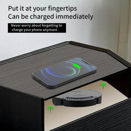 Under-Desk Charger for Daily Home and Office Workstations showing phone on wireless pad and magnetic under-desk mount