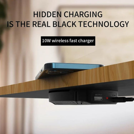 Under-Desk Charger for Daily Home and Office Workstations mounted under a desk providing hidden 10W wireless charging for a phone