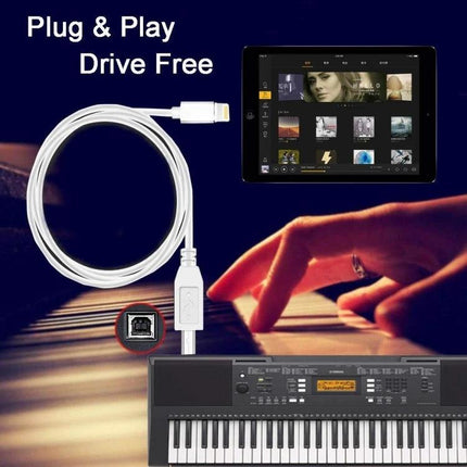 Cable for Connecting iPad to Electronic Piano Practice Sessions - white plug-and-play USB MIDI cable linking iPad to electronic keyboard