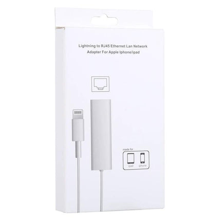 Simple Adapter for iPhone Home Wired Internet Connections - white Lightning to RJ45 Ethernet adapter packaging showing plug-and-play cable