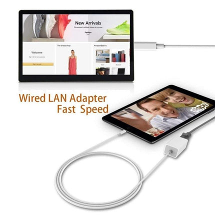 Simple Adapter for iPhone Home Wired Internet Connections — white plug-and-play Ethernet adapter connecting iPad for stable video calls and fast downloads