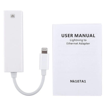 Compact Ethernet Adapter for iPhone and iPad Daily Use Connectivity — white Lightning to Ethernet adapter with user manual