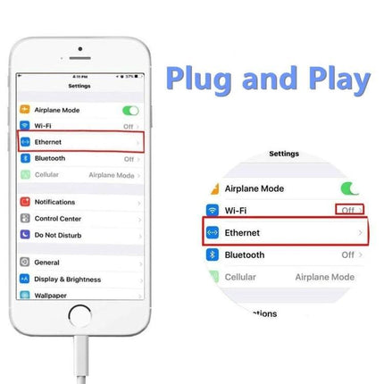 Compact Ethernet Adapter for iPhone and iPad Daily Use Connectivity showing Ethernet option in iPhone Settings for plug-and-play wired internet