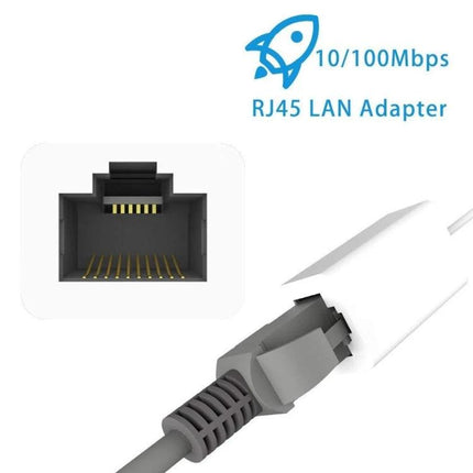 Compact Ethernet Adapter for iPhone and iPad Daily Use Connectivity - white RJ45 LAN adapter showing 10/100Mbps port and cable connection