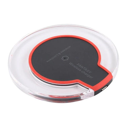 Fantasy Wireless Charger for Daily Home Phone Use on nightstand and desk, low-temp wireless pad with clear rim and red accent, 1.5A charging