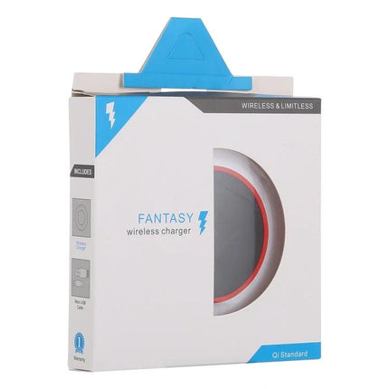 Fantasy Wireless Charger for Daily Home Phone Use - white boxed Qi wireless charger shown on nightstand or desk, compact design, 1.5A charging