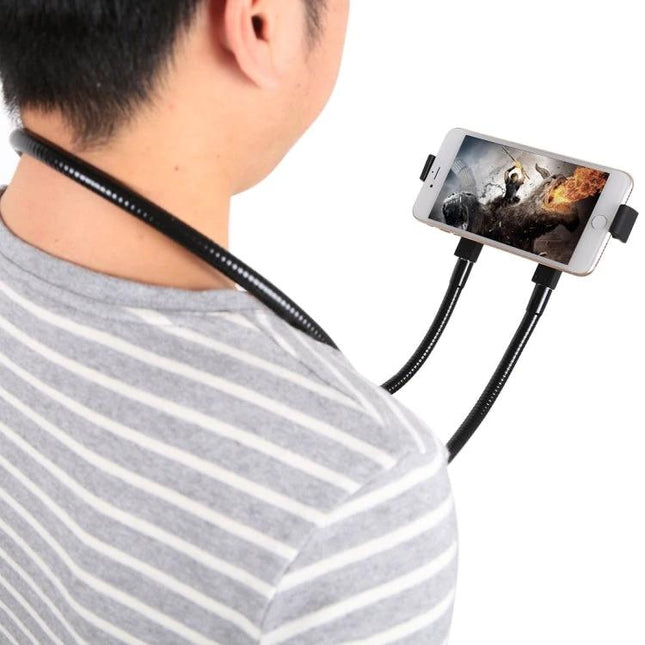 Yonger Player Flexible Long Arm Neck Holder for Phones showing hands-free phone viewing around neck with dual flexible aluminum arms