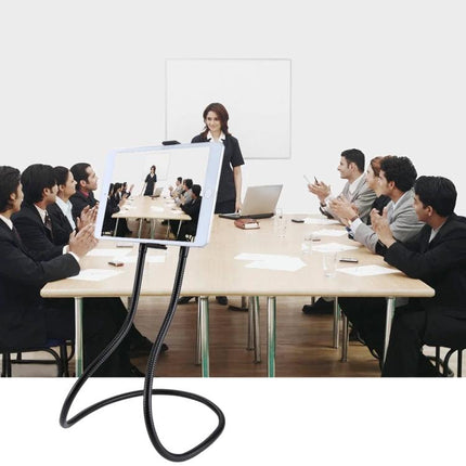 Yonger Player Flexible Long Arm Neck Holder for Phones showing tablet mounted for hands-free conference presentation