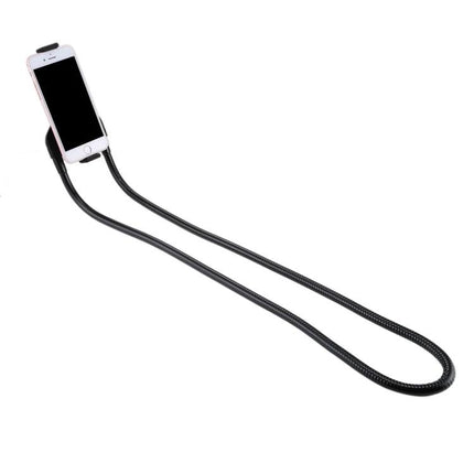 Yonger Player Flexible Long Arm Neck Holder for Phones showing black aluminum gooseneck holding a smartphone for hands-free viewing