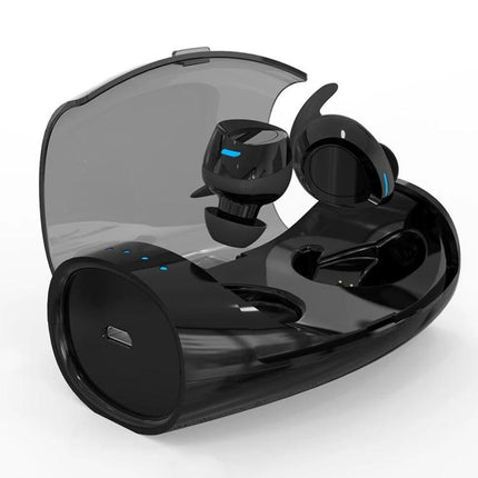 Wireless Bluetooth Earbuds With Compact Black Charging Case For Commuting showing black earbuds in open compact charging case