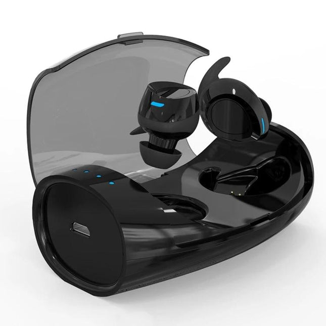 Wireless Bluetooth Earbuds With Compact Black Charging Case For Commuting showing black earbuds in open compact charging case