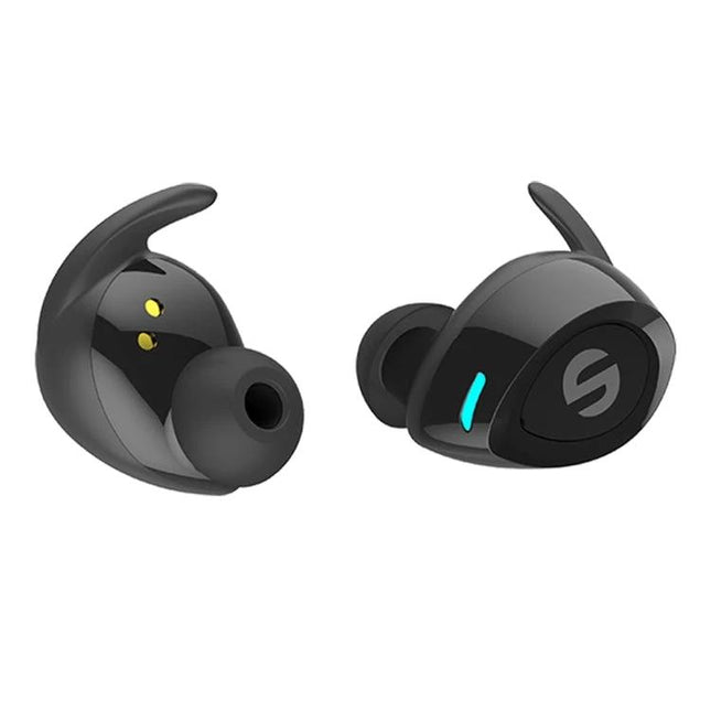 Wireless Bluetooth Earbuds With Compact Black Charging Case For Commuting modern black true wireless earbuds with ergonomic fins and LED