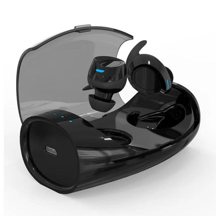 Wireless Bluetooth Earbuds With Compact Black Charging Case For Commuting shown open with earbuds and LED indicators