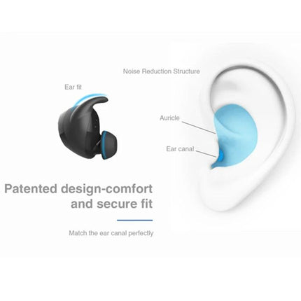 Wireless Bluetooth Earbuds With Compact Black Charging Case For Commuting showing patented comfort fit and ear canal noise reduction diagram