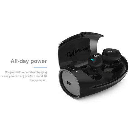 Wireless Bluetooth Earbuds With Compact Black Charging Case For Commuting showing black earbuds in open compact charging case