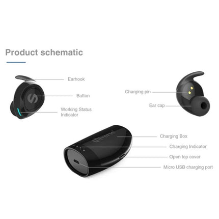 Wireless Bluetooth Earbuds With Compact Black Charging Case For Commuting product schematic showing earbuds, earhooks, charging pins, and charging box