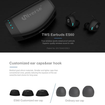Wireless Bluetooth Earbuds With Compact Black Charging Case For Commuting showing ES60 earbuds, black case, ear caps and ear hooks for workouts