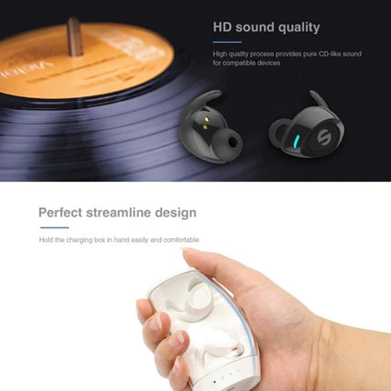 Wireless Bluetooth Earbuds With Compact Black Charging Case For Commuting sleek earbuds with charging case shown next to vinyl and hand holding case