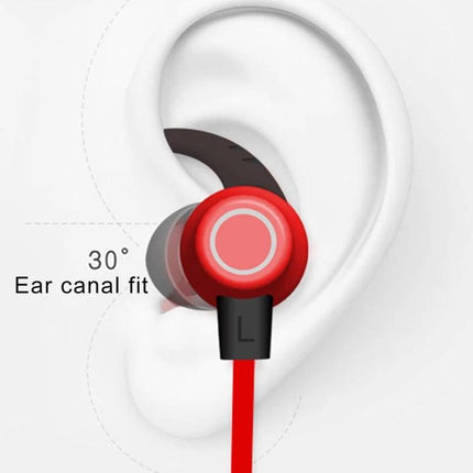 Lightweight Neckband Earbuds For Commuting And Hands Free Calls red earbud shown with 30° ear canal fit and magnetic tangle‑free design