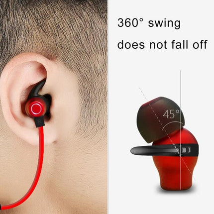 Lightweight Neckband Earbuds For Commuting And Hands Free Calls showing red earbud with hook fitted in ear