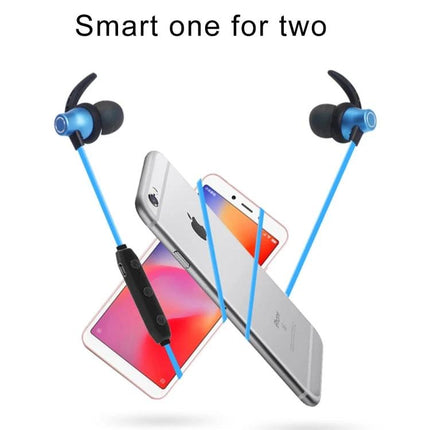 Lightweight Neckband Earbuds For Commuting And Hands Free Calls blue neckband earbuds shown with two smartphones and inline controls