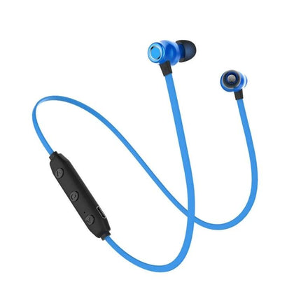Lightweight Neckband Earbuds For Commuting And Hands Free Calls blue flexible neckband with in-line controls and magnetic earbuds