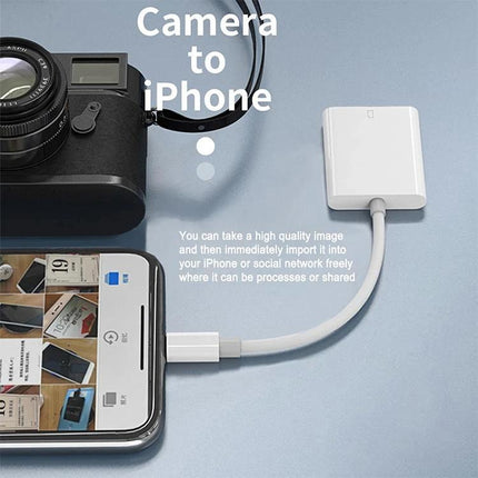 SD Card Reader Adapter for Everyday Photo Transfers to Devices connected to smartphone showing camera-to-iPhone photo import